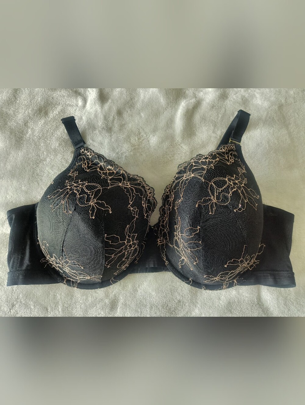 Cacique Black Lace Floral Embroidered Lightly Lined Demi Bra 44DD